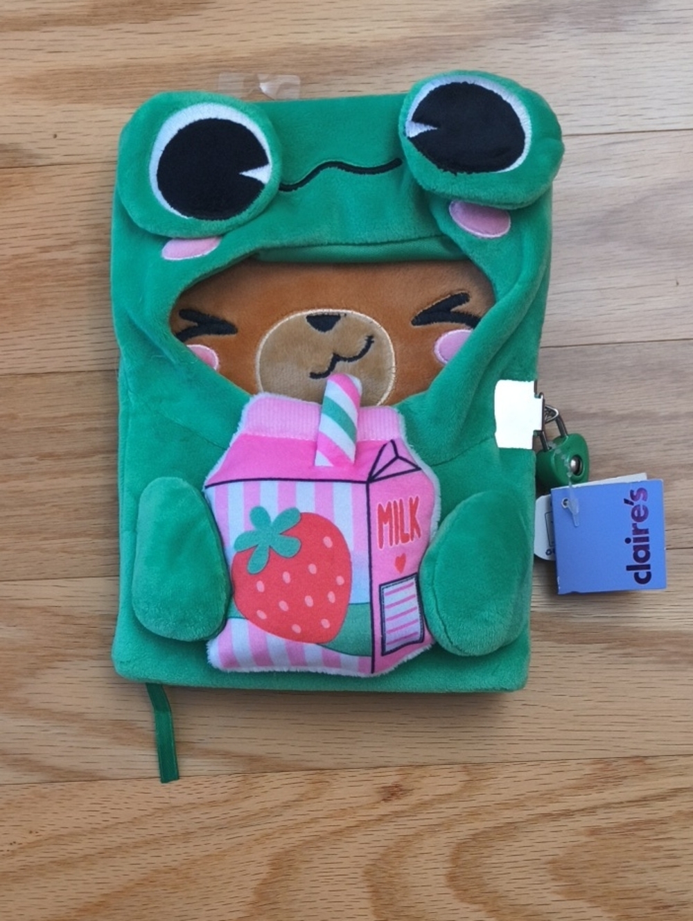 Claire's Green Frog Plush Pink Strawberry Milk Lock & Key Journal NWT